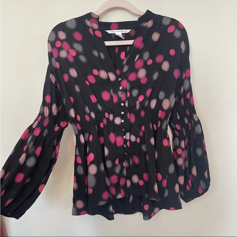 Diane Von Furstenberg silk black pink polka dot long sleeve blouse 4